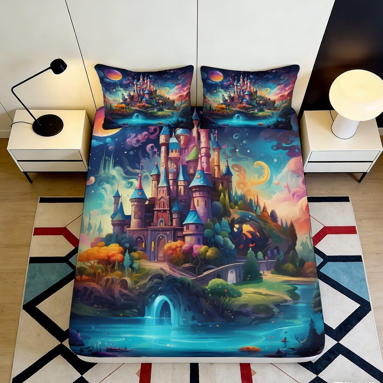 3D Printed Fantasy Castle Fitted Sheet Microfiber Soft Breathable Dreamland Bed Cover for Bedroom Dorm Mattress Protection Decor 200x200x25cm