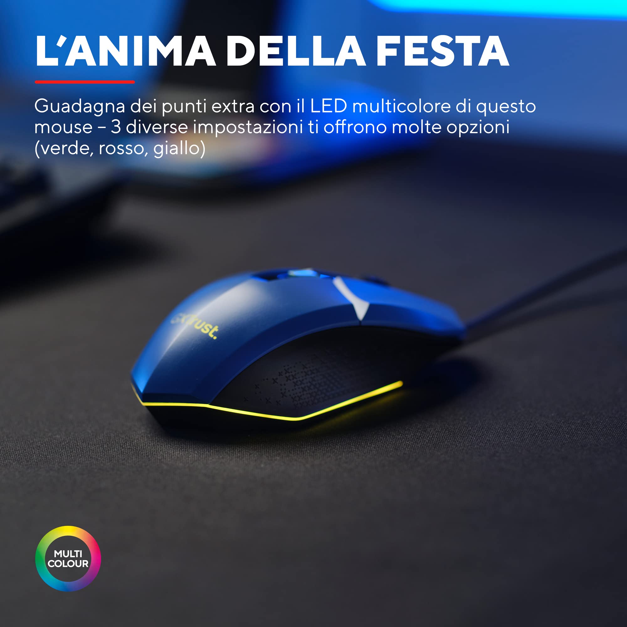 Trust Gaming GXT 109B Felox Mouse Gaming con 6 Pulsanti Programmabili, Illuminazione LED Multicolore, Software Incluso, 200-6400 DPI, Mouse con Filo USB 150 cm per PC, Portatile, Computer - Blu