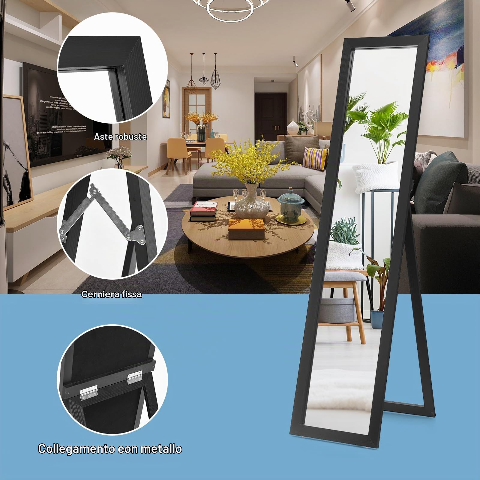 LIFEZEAL 2 in 1 Specchio da Parete, da Terra Lungo, Specchio da Pavimento Ingresso Senza Carda Specchiera Rettangolare, 155x37cm per Soggiorno, Camera da letto, Bagno, Moderno, Elegante (nero)