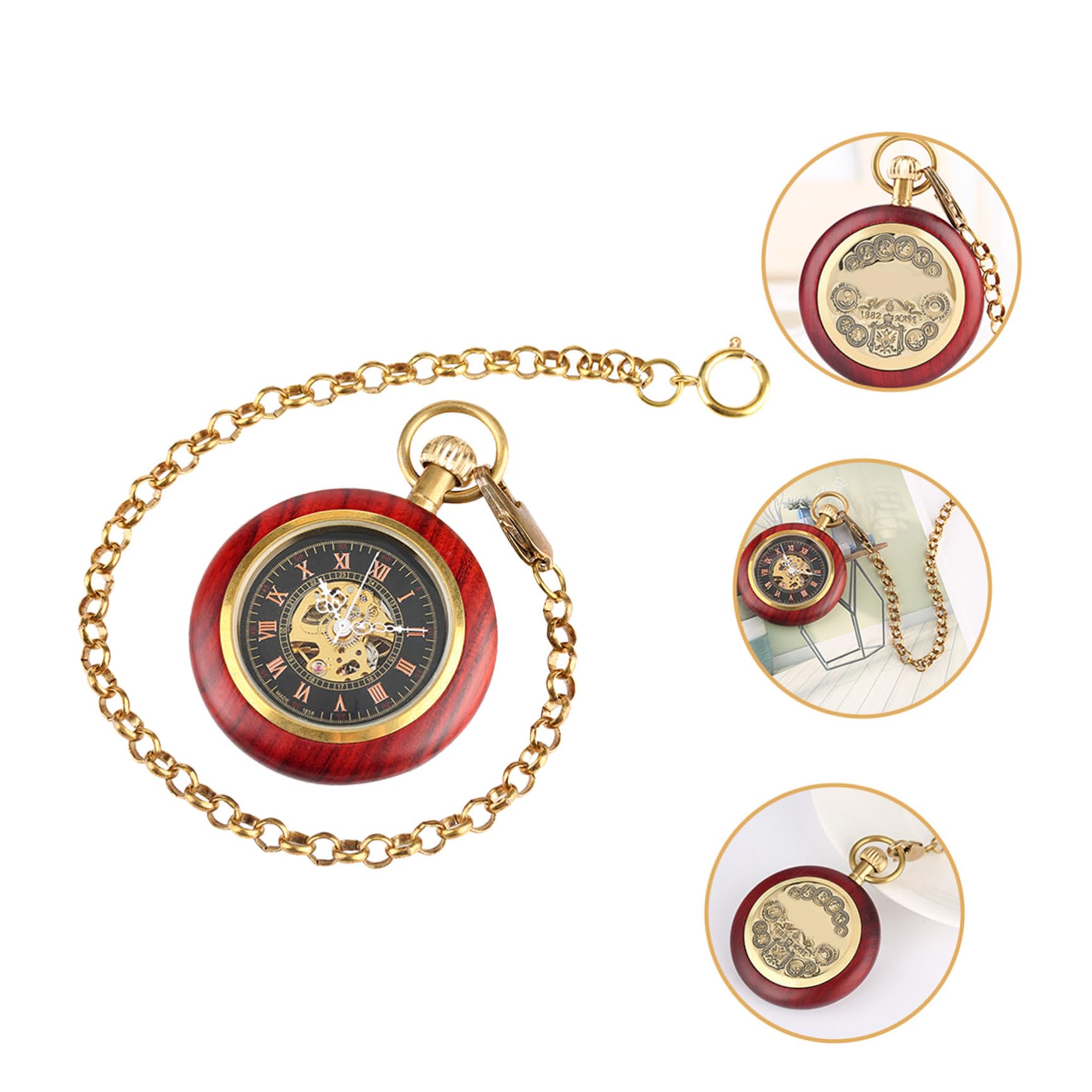 Reloj de Bolsillo Vintage Cadena, Diseño Mecánico Antiguo en Aleación y Madera, Fácil de Llevar para Uso Diario y Ocasiones Obsequios