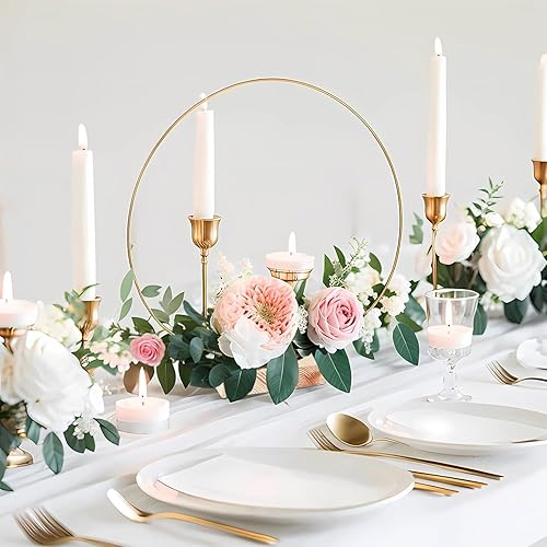 Miniatura 4 de El kit de 6 centros de mesa de aro floral incluye 6 anillos de corona de metal con 6 bases de madera, 25 rosas para decoración de mesa de boda en el
