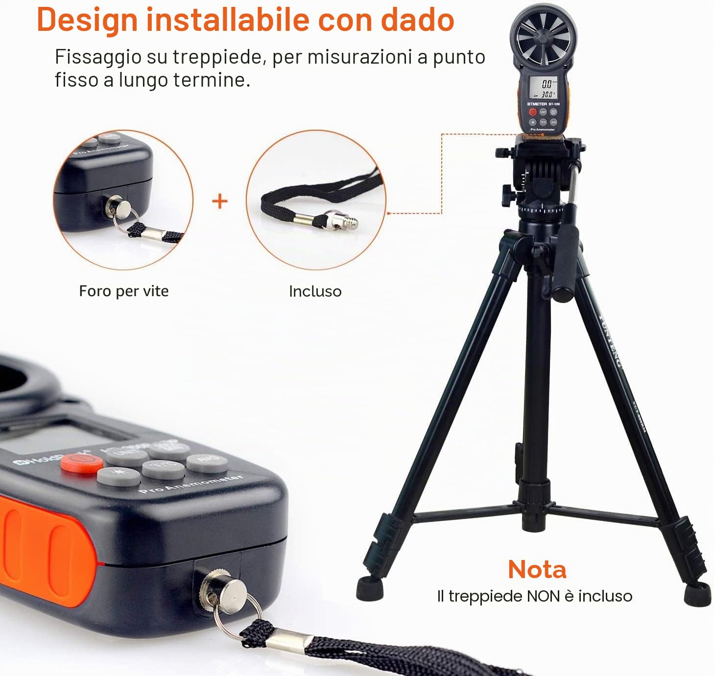 BTMETER BT-100 Anemometro Portatile, Misuratore di Velocità del Vento Digitale CFM del Flusso D'aria per Drone di Ripresa HVAC, Vento Freddo, Temperatura del Vento 14℉-113℉
