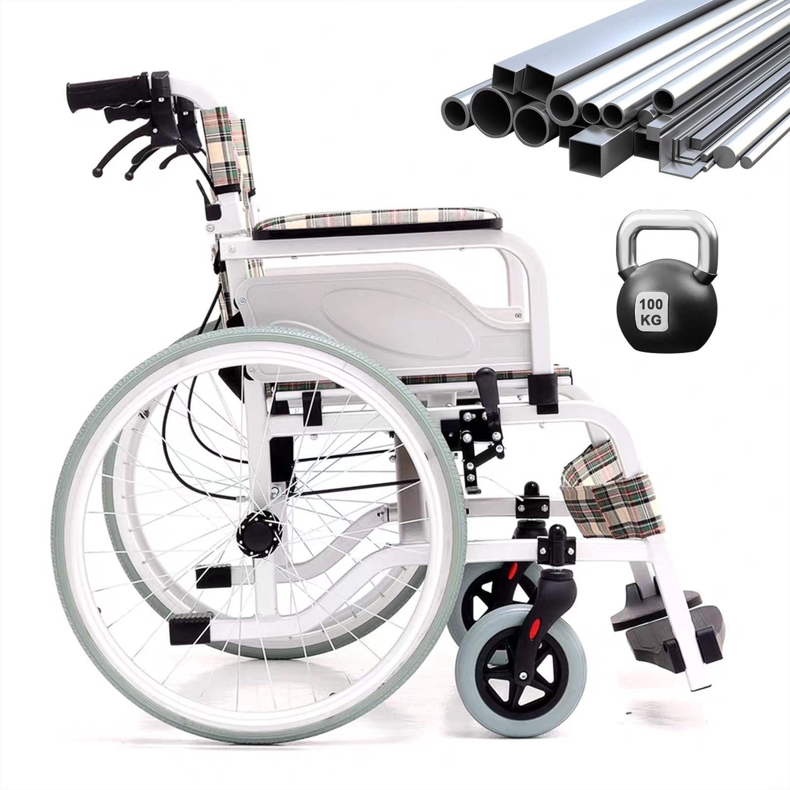 Silla de ruedas autopropulsada y plegable y ligera, de aluminio para personas mayores, reposapiés oscilante, para personas mayores, soporta 220 libras, silla de ruedas de transporte (tamaño