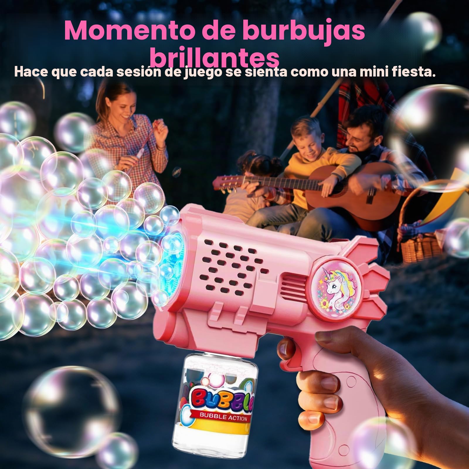 Tecnock Pack de 3 Pistolas de Burbujas Automáticas para Niños, 12 Pilas AA Incluidas, 3 Botellas de Solución y 5 Recargas, Ligeras, Antiderrames, Regalo de Cumpleaños y Detalles para Fiestas