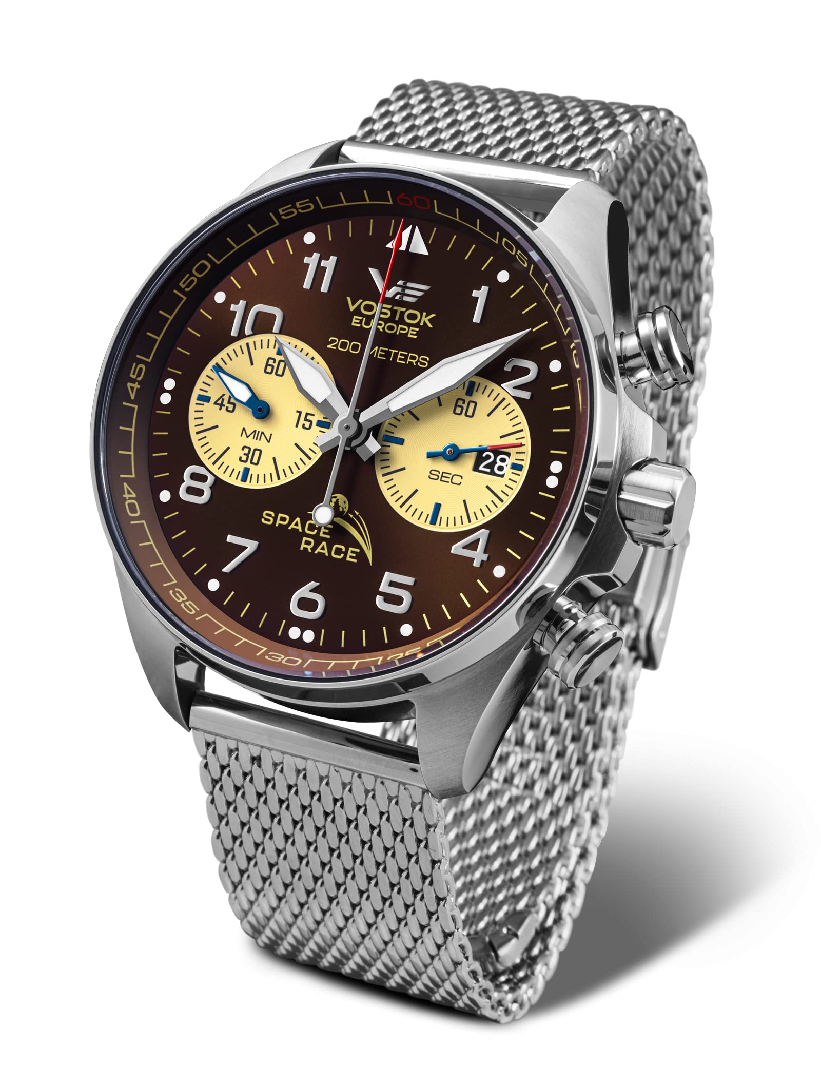 Vostok Europe Space Race - Reloj cronógrafo para hombre con correa milanesa (fecha 20 ATM), Plateado y marrón, Pulsera