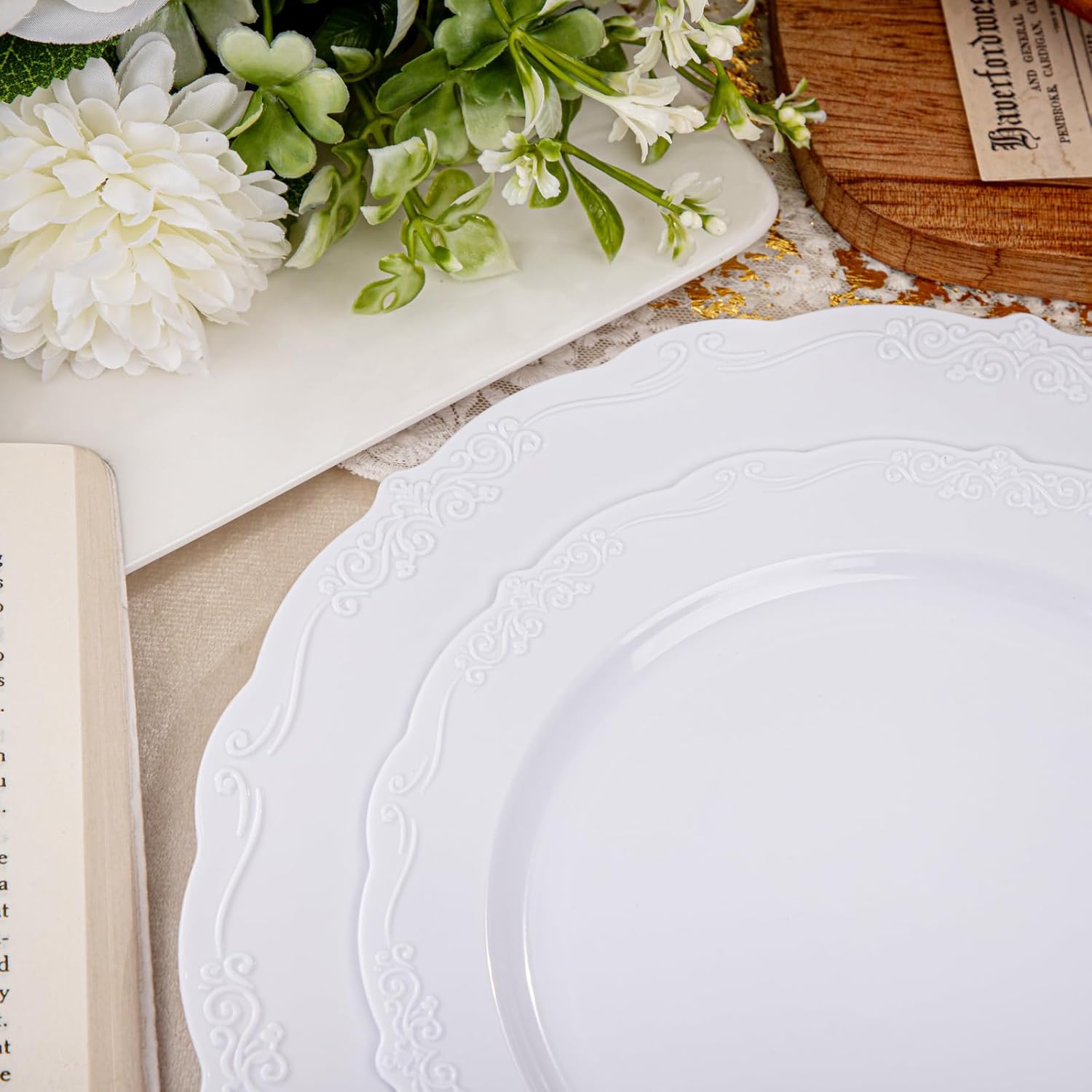 U-QE 100 Pieces White Plastic Plates - White Disposable Plates - Premium Hard Plastic Disposable Plates for Wedding and Party Use Including 50 Dinner Plates 10 '' & 50 Dessert Plates 7.5 '' - Image 4
