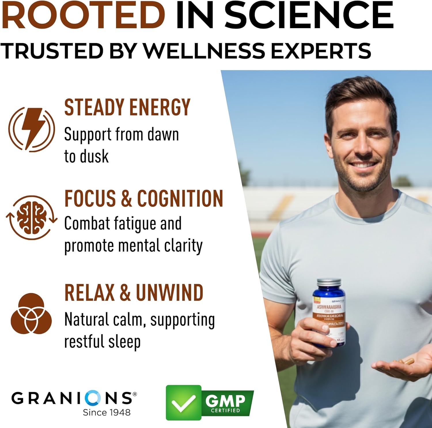 Granions KSM66 Ashwagandha Supplements - 1,050 mg, 5% Withanolides, Clinically Studied KSM-66 Root Extract Pills - Vegan Stress and Focus Support for Men and Women - 90 KSM 66 Ashwagandha Capsules - Image 3