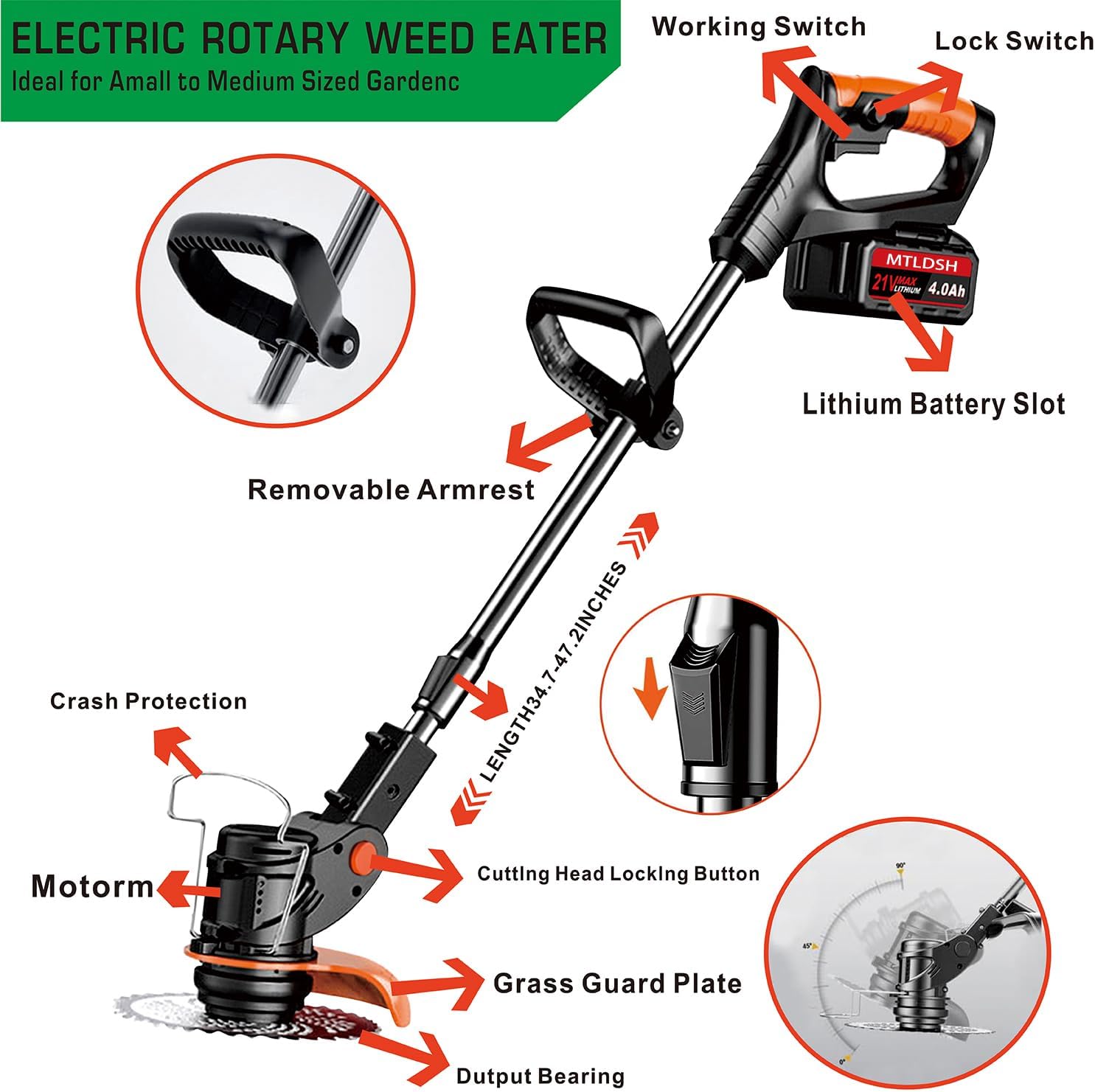 Electric Weed Wacker Cordless Weed Trimmer,Battery Powered with ，2*21V 4.0Ah Electric Weed Eater Brush Cutter with 3 Types Blades, Adjustable Cutting Angle &Height Edger Lawn Tool for Garden and Yard