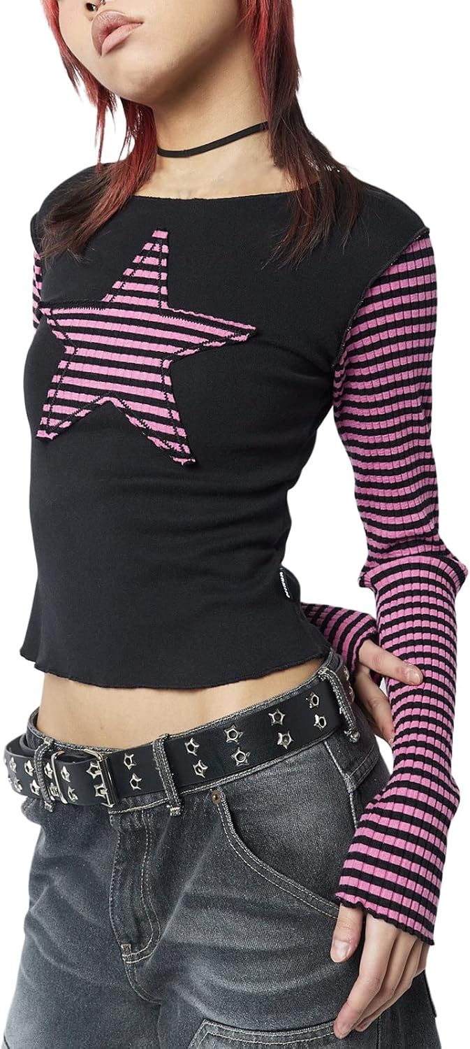 Women Y2K Fairy Grunge Shirt Long Sleeve Vintage Star Pattern Stripes Patchwork T Shirts - Image 3