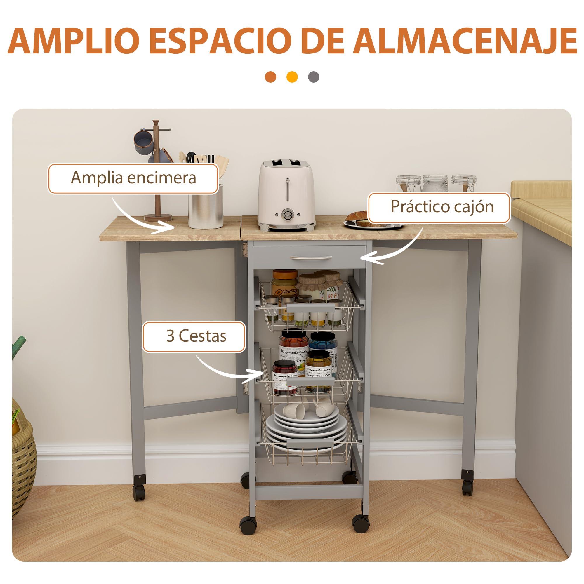 HOMCOM Carrito de Cocina con Alas Plegable, Carrito Auxiliar con Ruedas, Verdulero con Cajón y 3 Cesta de Metal, 97,2x37x77,5 cm, Gris y Roble