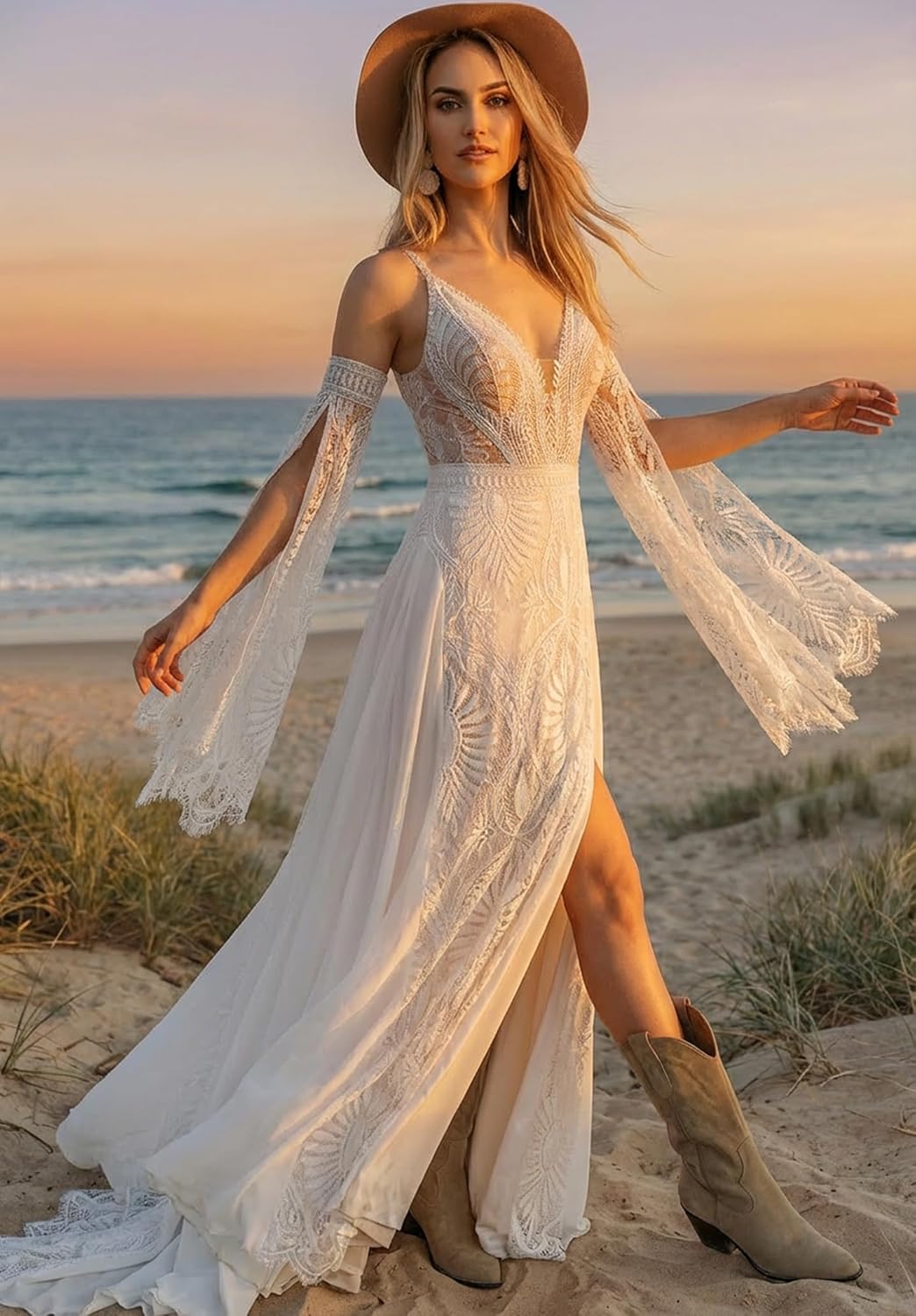 Women Beach Lace Wedding Dress V Neck Long Bell Sleeves Low Back A-Line High Slit Boho Bridal Gowns for Bride