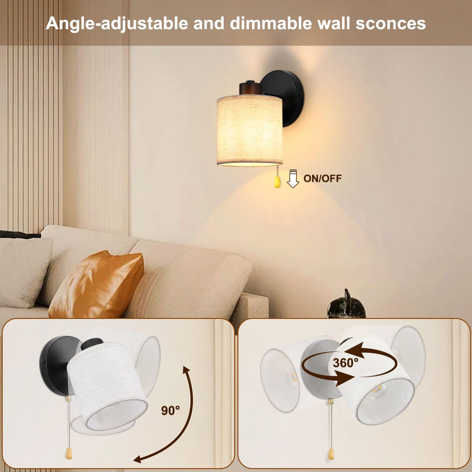 Winverty Pull Cord Wall Lights with Switch, Wall Lamp with Beige Fabric Lampshade - Image 3