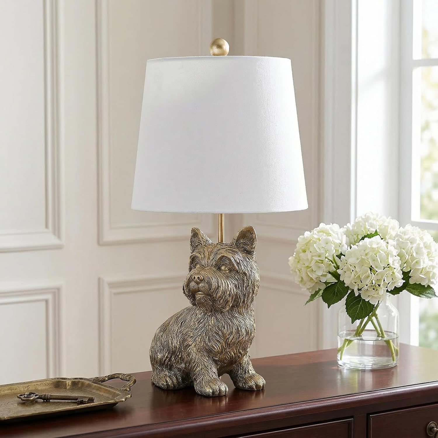 Crestview Collection Yorkie Table Lamp, 22" H Gold Resin Dog Lamp with White Linen Tapered Drum Shade, Sculpted Animal Lamp for Bedroom Kids Room Decor Gifts, Matte Gold & Bronze Nightstand Light