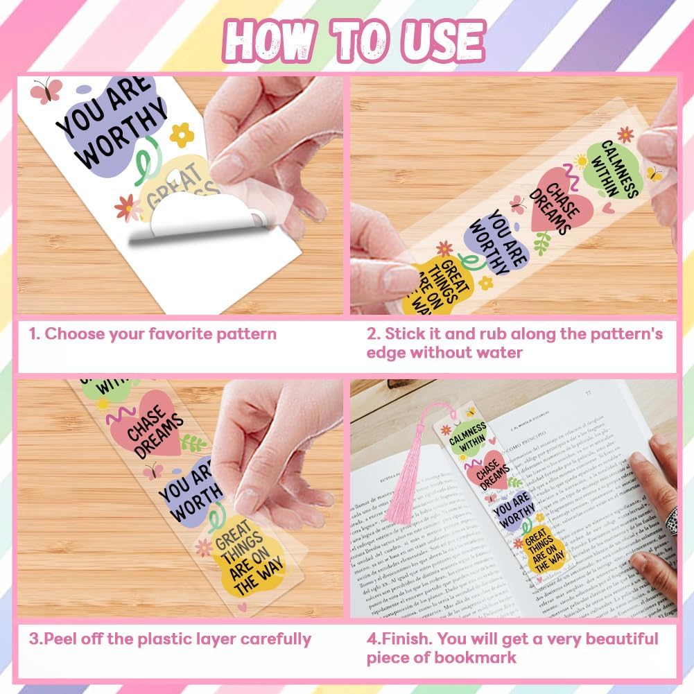 Peacoblue 121pcs Color Blocks Cute Icons and Quote UV DTF Acrylic Bookmark Making Kits Carft for Women Men Adult, DIY Cute Bookmarker Decal Stickers Warps Kit for Students Teachers Book Lover Reading