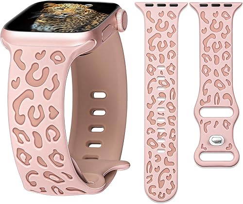 Correa de silicona con grabado de leopardo, rosa, compatible con Apple Watch de 41401.496 in, serie 9-1, elegante y elegante correa deportiva con