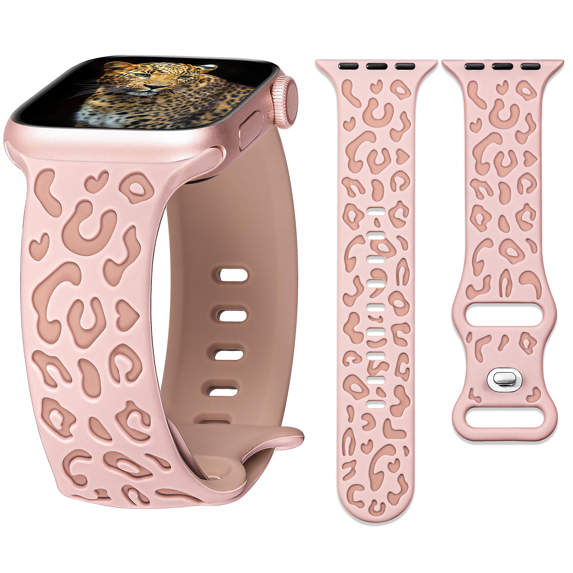 G-ficu Leopard Engraved Band Compatible with Apple Watch Bands 45mm 44mm 42mm 49mm iWatch Bands for Women, Cute Dressy Silicone Sport Strap for Apple Watch Series 9 8 SE 7 6 5 4 3 Ultra 2 1 Band-Pink