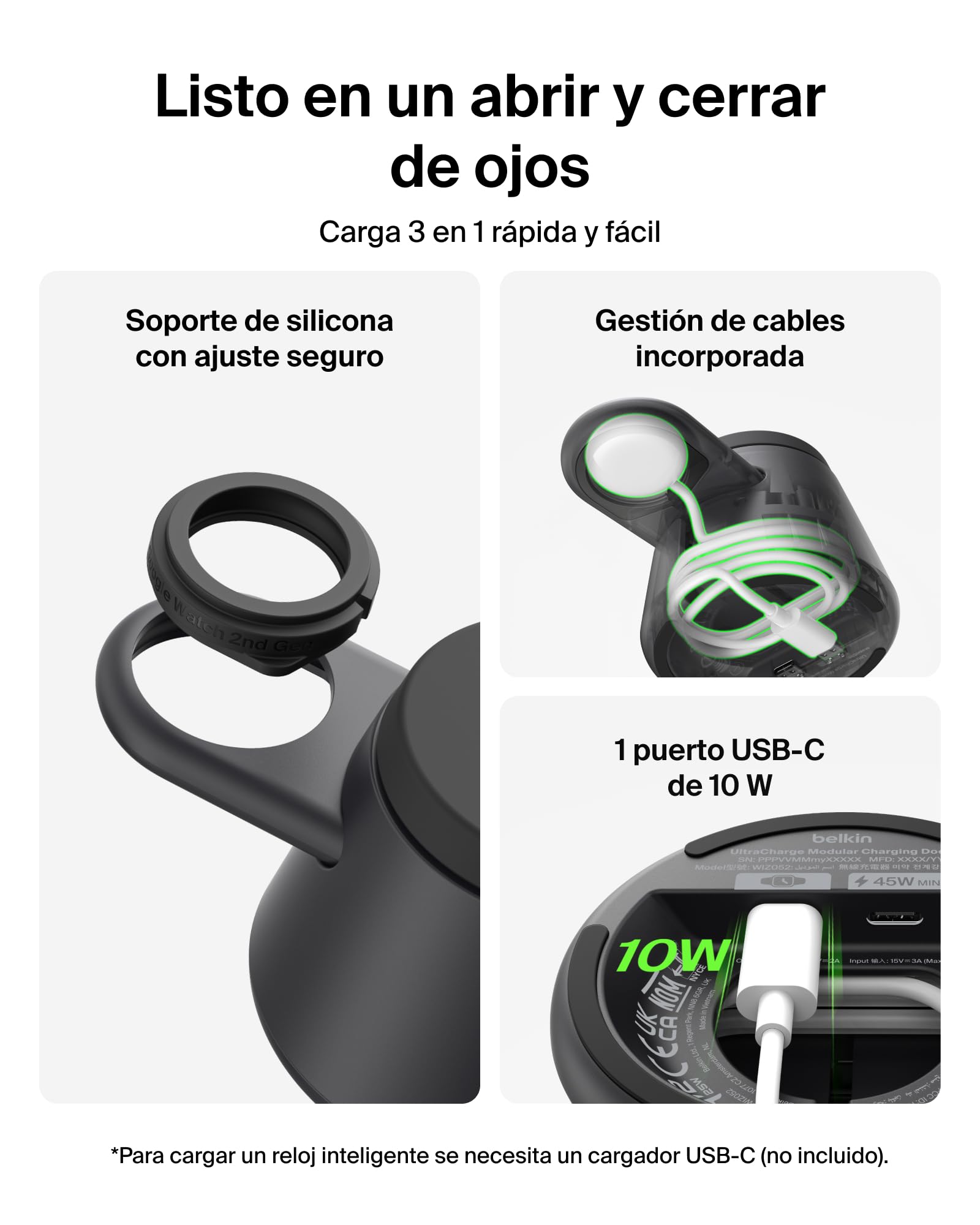 Belkin UltraCharge Pro Cargador Inalámbrico Magnético 3 en 1 Qi2 25W Negro | Estación de Carga Inalámbrica, Puerto USB-C y Certificación Qi2.2, iPhone, Galaxy, Auriculares y Reloj, Adaptador 45W