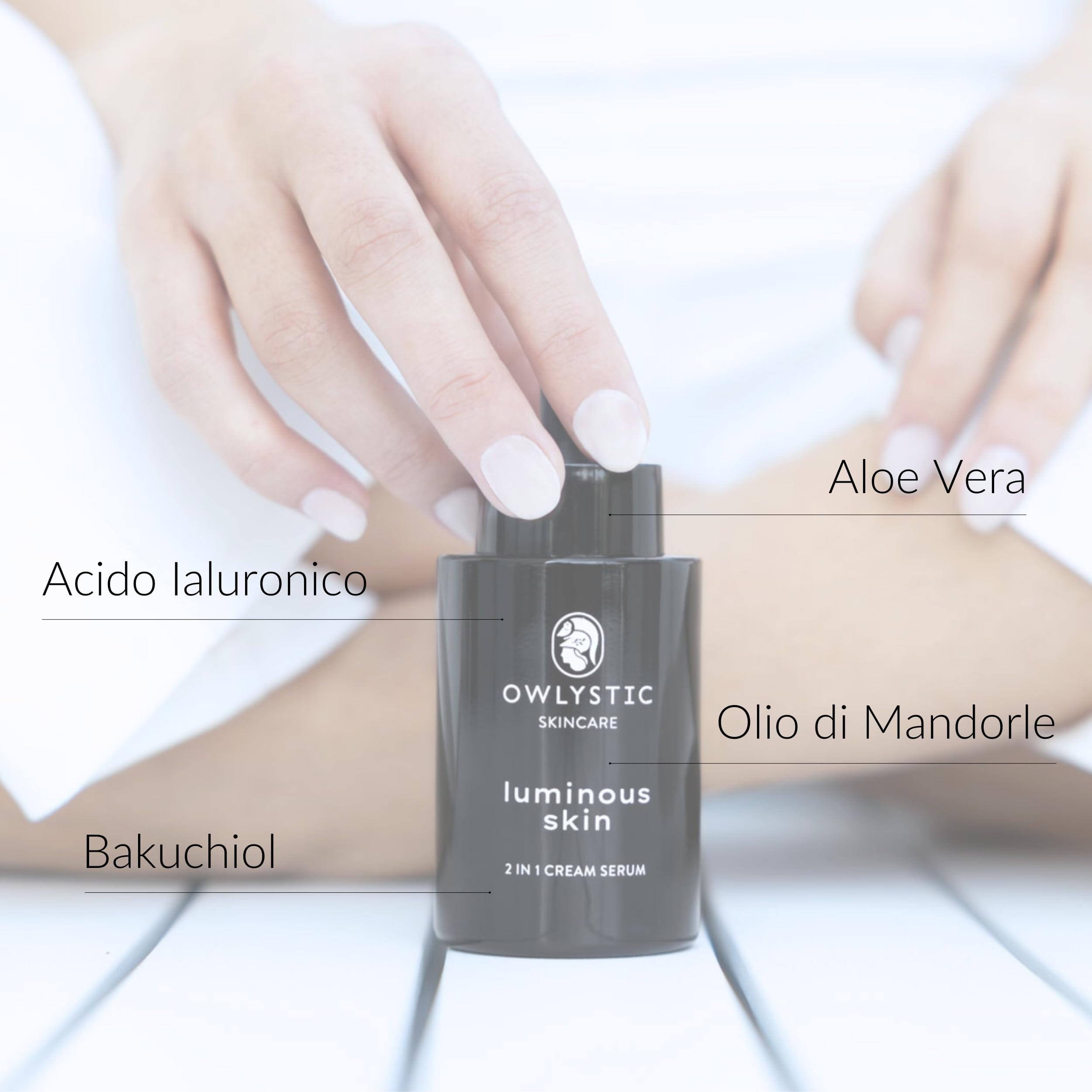2in1 Bakuchiol Siero Crema Viso con Acido Ialuronico e Aloe Vera MADE IN ITALY - Alternativa Naturale Vegana al Retinolo Viso - Stimola Produzione Collagene e Antirughe - Per ogni Pelle OWLYSTIC 50ml