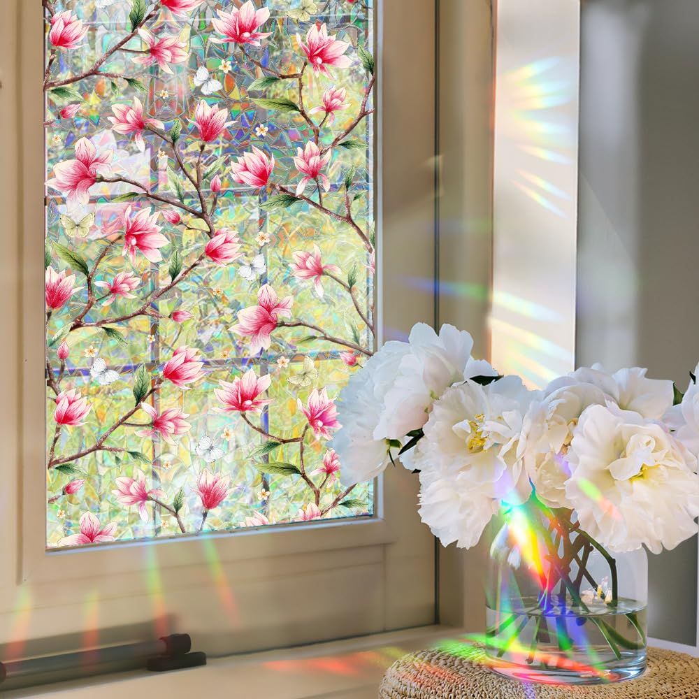 Photo 1 of Runtoo Magnolia Flower Window Film - Pink Stained Glass Static Cling