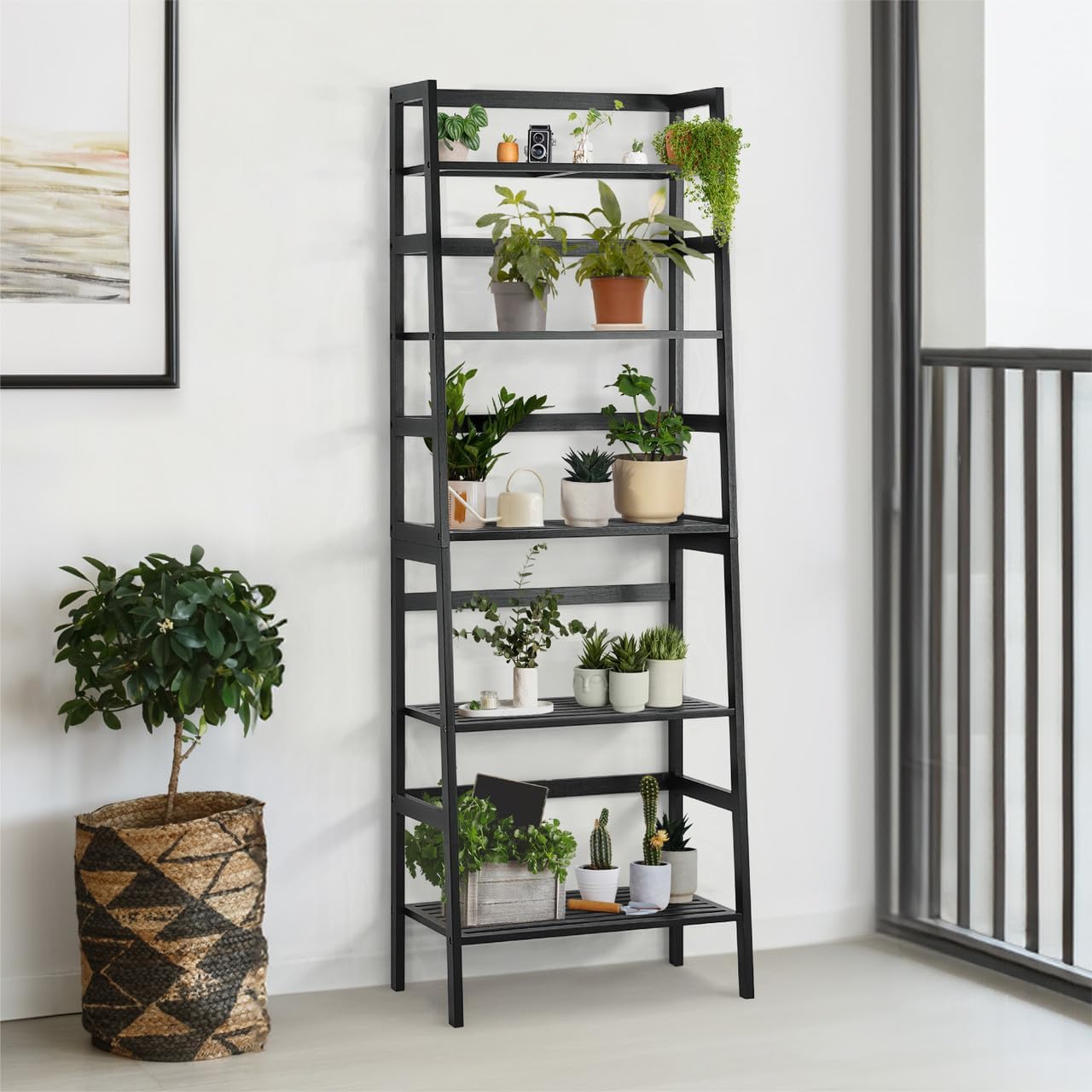 CAPHAUS Ladder Shelf,5-Tier Ladder Bookshelf, Multifunctional Bookcase with Bamboo Frame,Freestanding Storage Shelves Display Shelf, for Living Room,Home Office,Bedroom,Kitchen Plant Stand,Black
