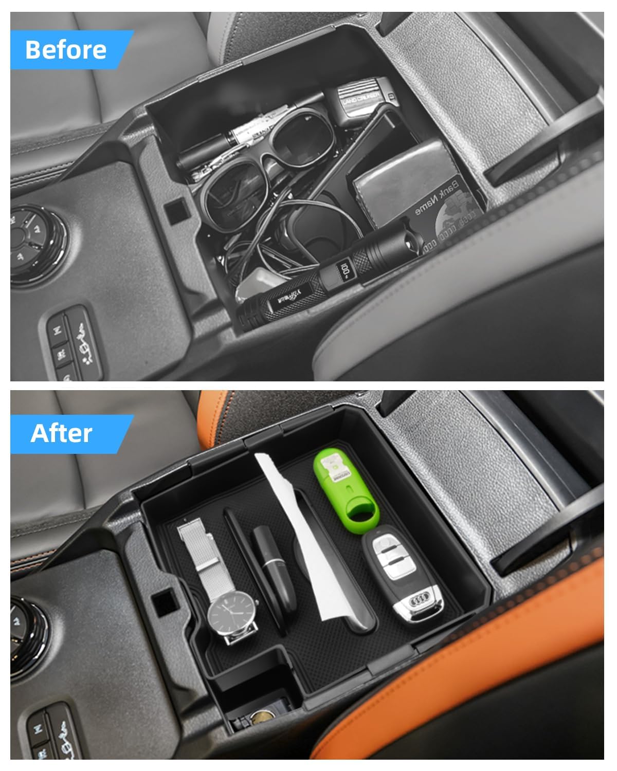 2Pcs Apoyabrazos Organizador para Ford Ranger T9 2023-2026, Caja Almacenamiento Consola Central con Alfombrillas, Bandeja de Reposabrazos para Ford Ranger Raptor Wildtrak (Freno Electrónico)