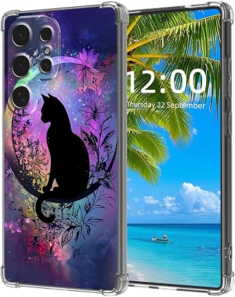 for Samsung Galaxy S24 Ultra Case, Black Cat Sitting on the Moon High-Definition Painted Back Cover with Soft Transparent TPU Bumper, Shockproof Protective for S24 Ultra Phone Case