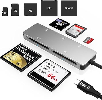 CFast 2.0 Card Reader,USB 3.0 USB C CF/SD/TF/XD Aluminum Memory Card Slot Combo Adapter, Read 5 Card Simultaneously High Speed Multi Camera Card Reader for Type-C Device Supports Windows/Linux/MAC OS