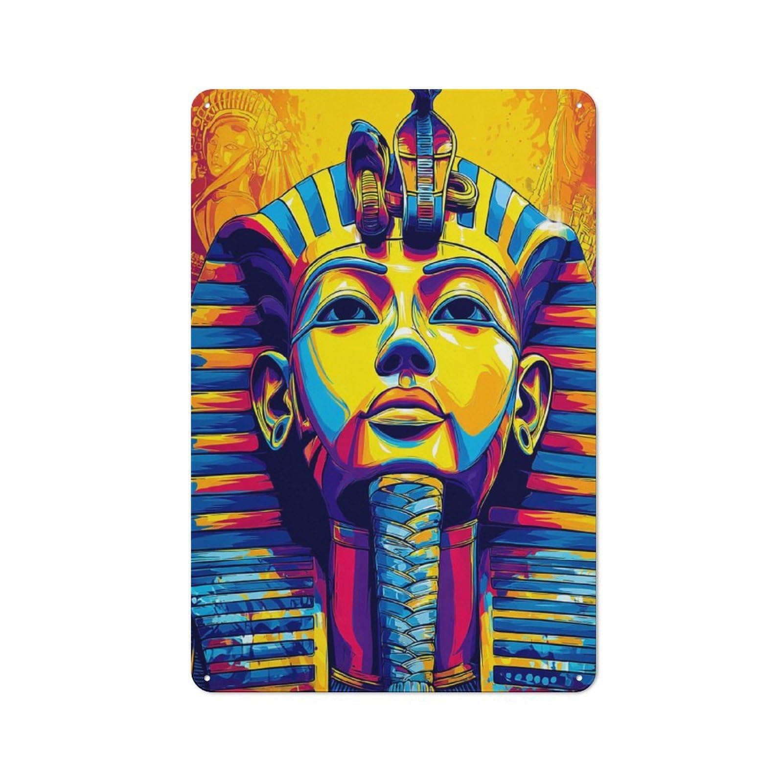 Junmoney Colorful Egyptian Pharaoh Portrait -2 Decorative Tin Plaque With Design 30X20cm, Classic Novelty Wall Art For Flat, Dorm Room, Lounge Or Cafe