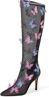 UJPFEO Women's Clear Knee High Boots Butterfly Pointed Toe Stiletto High Heels Mesh Boots Sexy Back Zipper Dress Wedding Shoes
