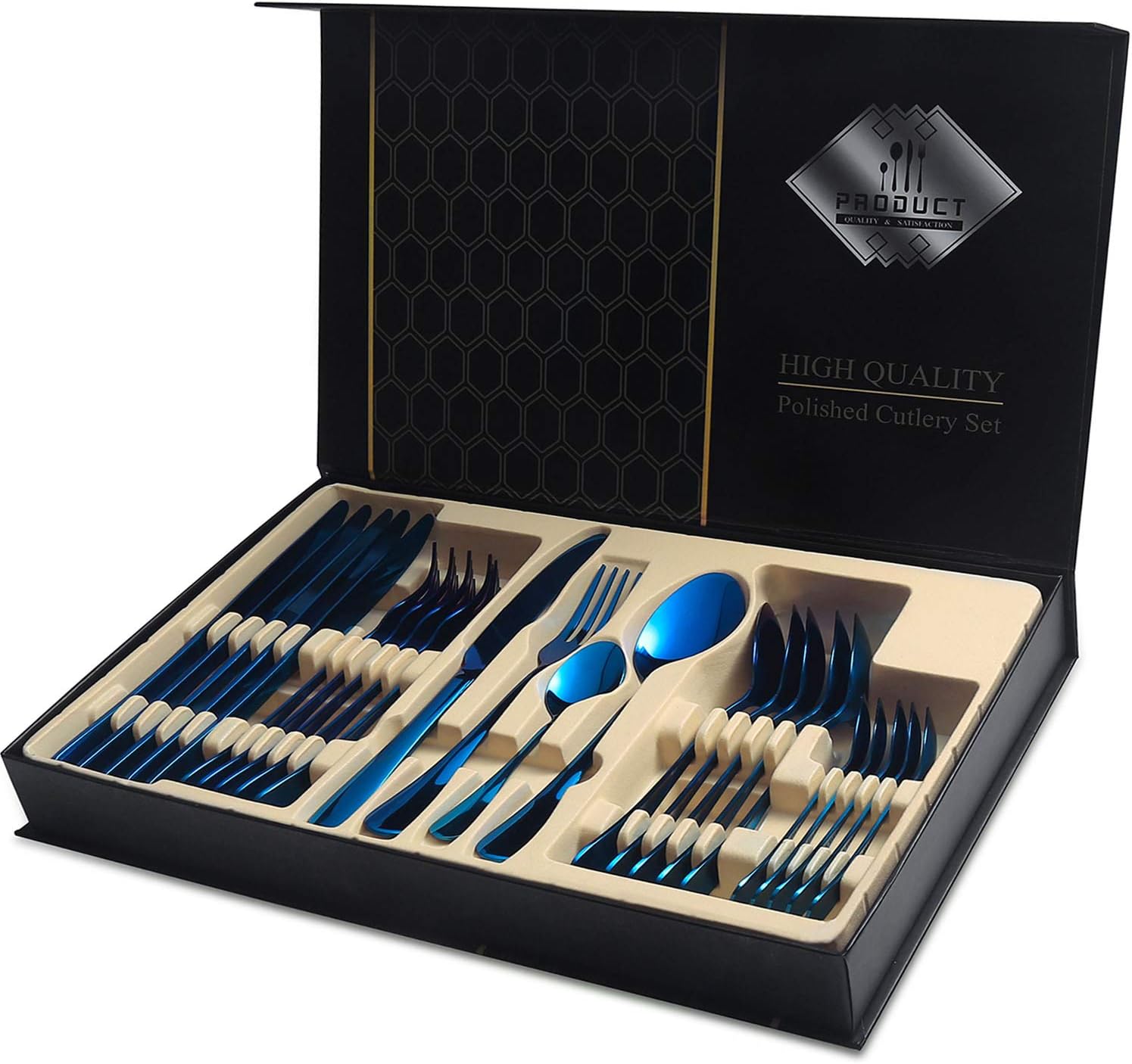 Blue Silverware Set&24-Piece Stainless Steel Flatware Service for 6, Mirror Finish Utensil Set with Gift Box, Kitchen Cutlery Tableware for Home Party Restaurant