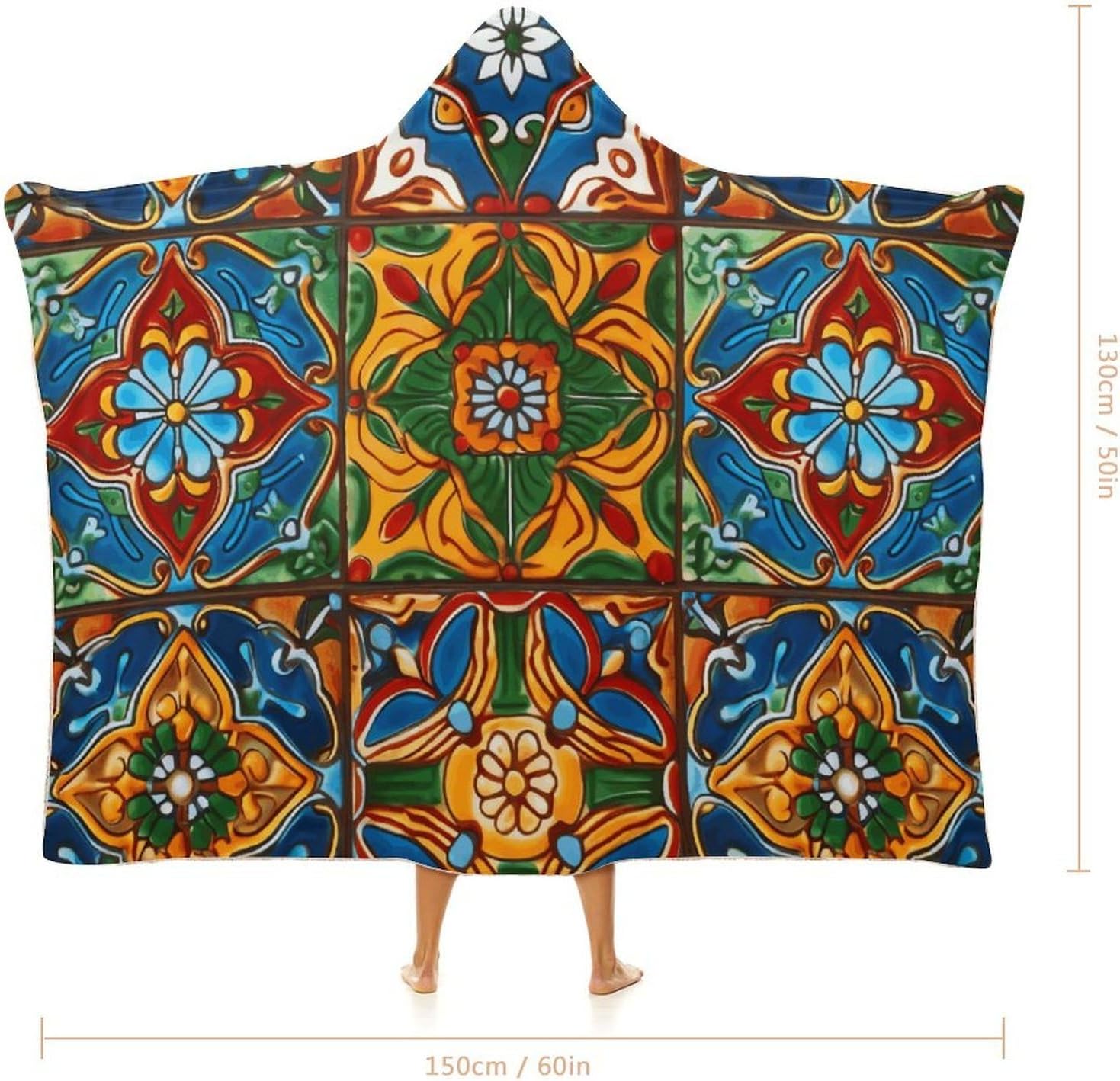Mexican Ceramic Tile Wearable Hooded Blanket, Ultra Soft Arctic Velvet Cape Cloak Unisex - Cozy Wearable Blanket