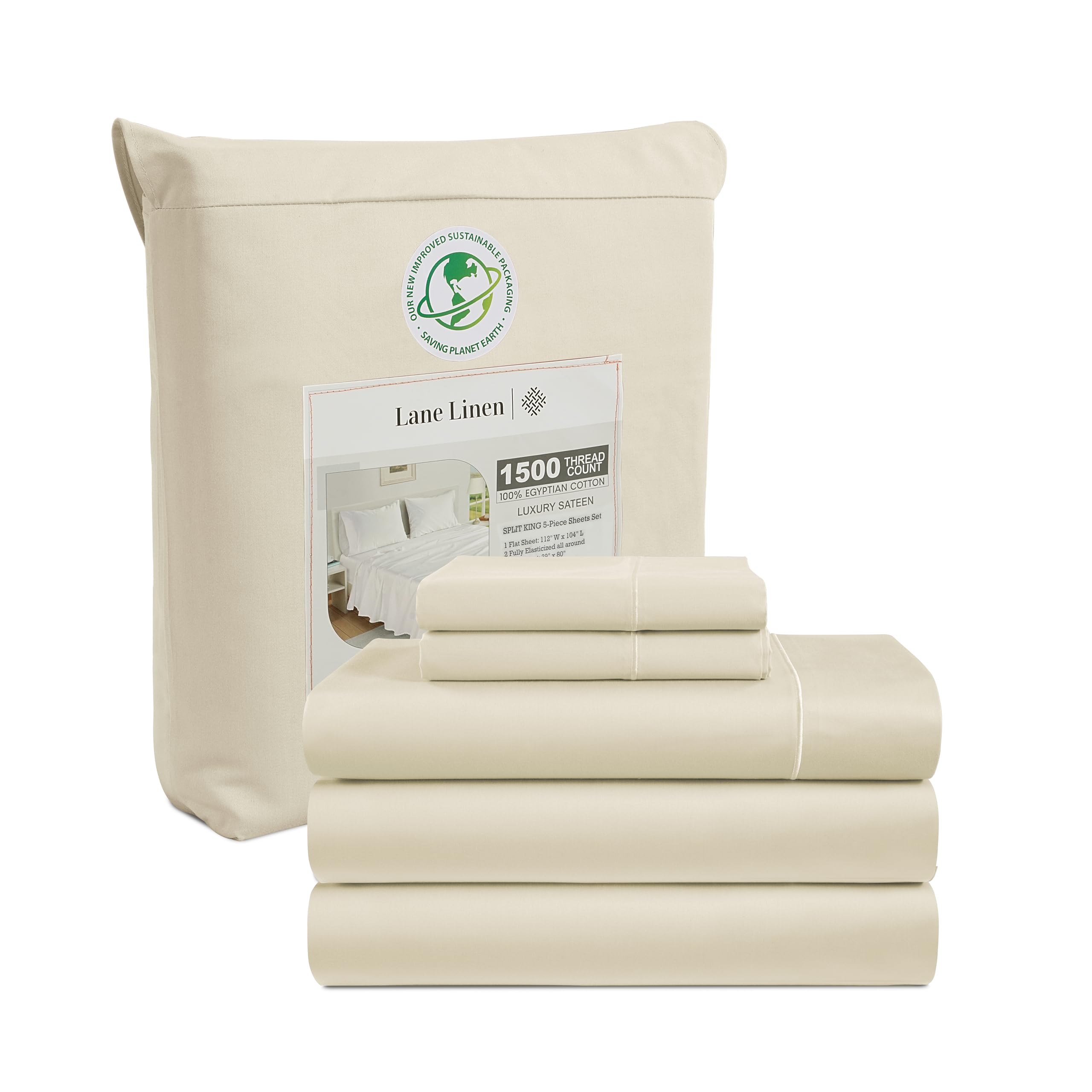LANE LINEN Juego de sábanas de 100 % algodón egipcio para cama ajustable de 1500 hilos, juego de 4 piezas, juego de sábanas divididas tamaño King de hotel, juego de sábanas de algodón de tejido
