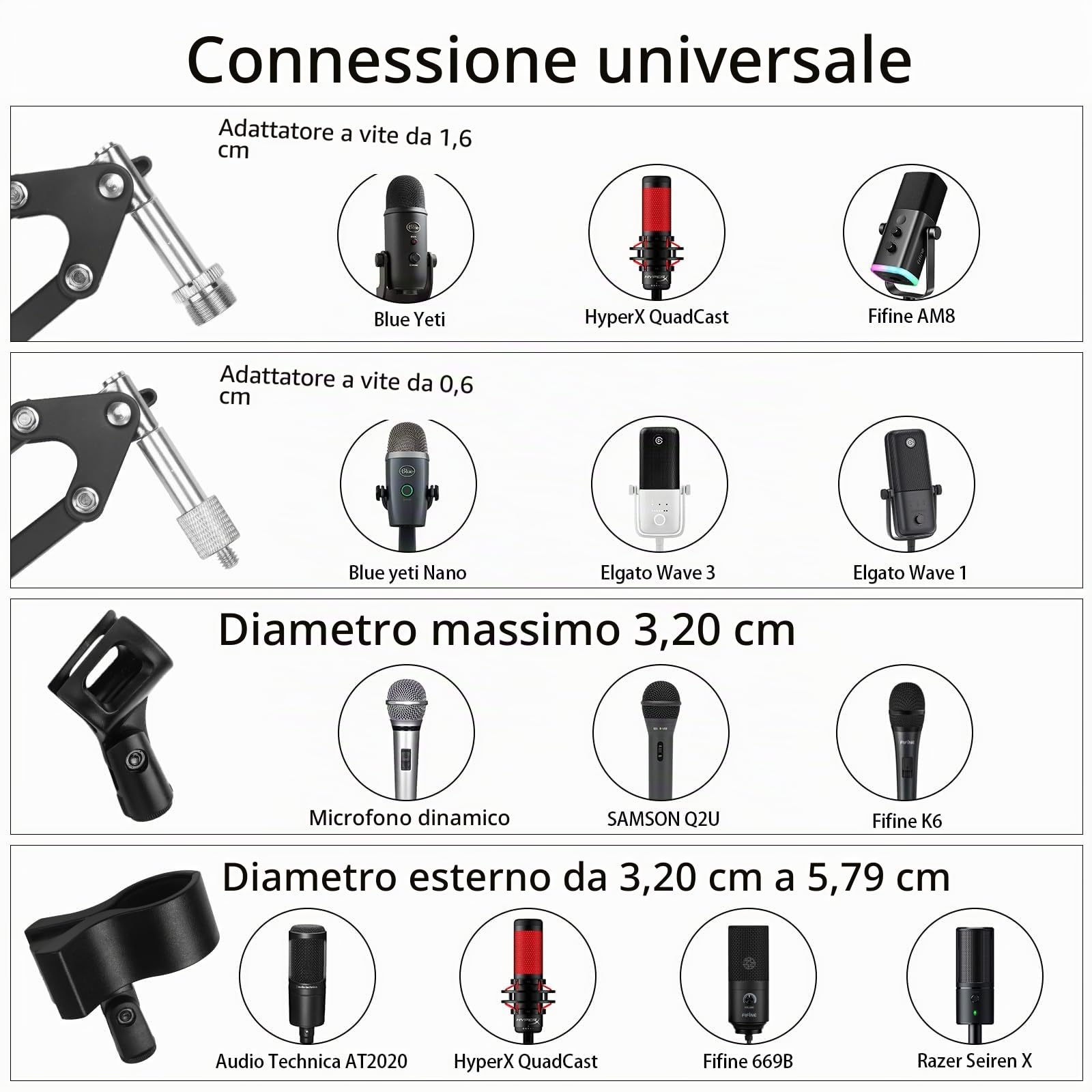 Asta Microfono Scrivania, Braccio microfono per Blue Yeti HyperX QuadCast SoloCast Elgato Wave Q2U Fifine K669B, Supporto Microfono da Tavolo con Adattatore da 5/8" 1/4"