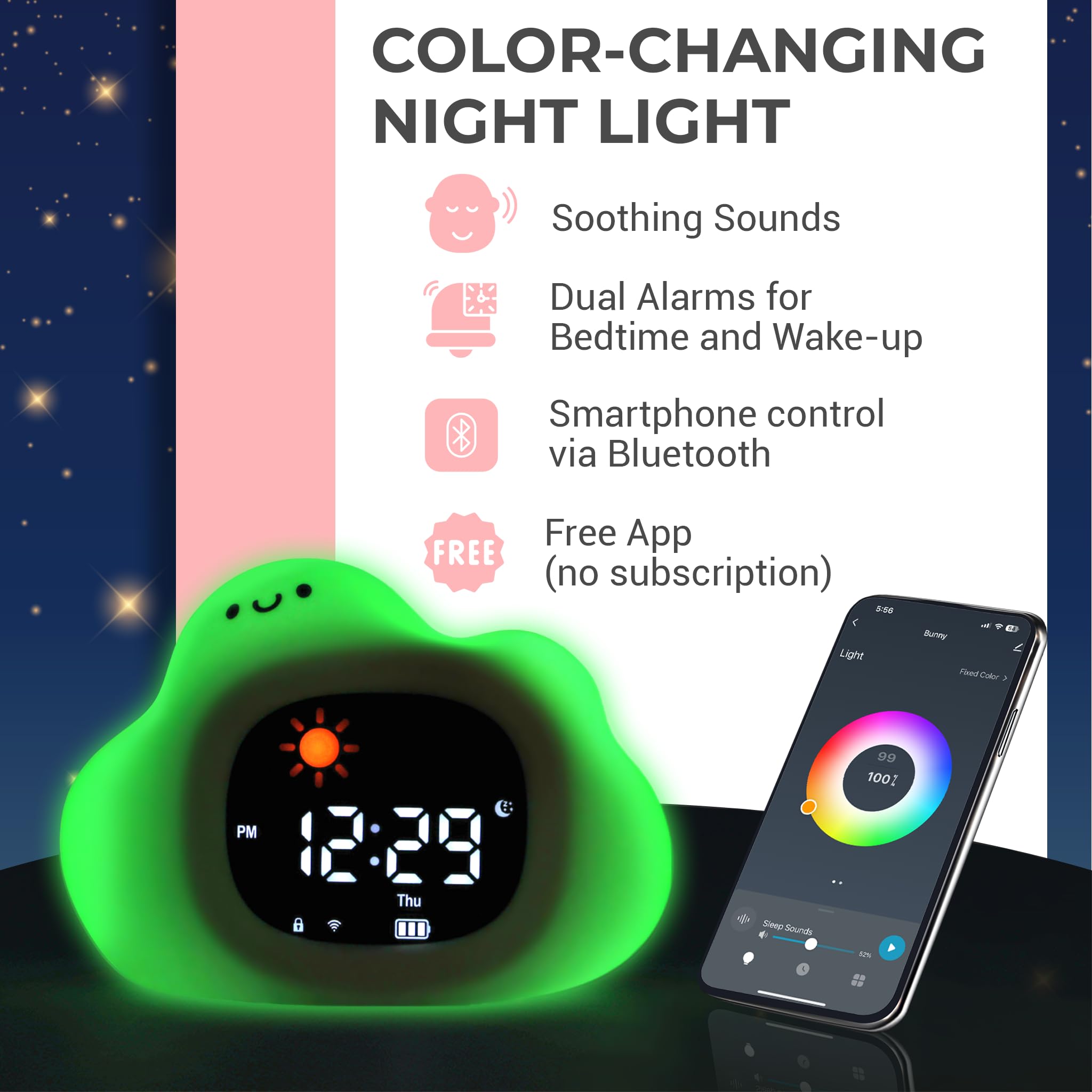 Bumble & Bright Wecker für Kinder mit App-Steuerung, niedlicher USB-C-Kabel für Kinder und Kleinkinder, mit 8 Nachtlicht-Farben und 6 beruhigenden Geräuschen (Hase) (Wolke)