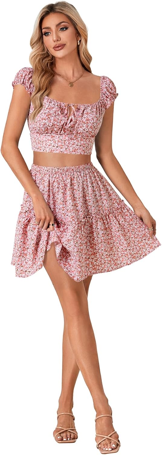Vrtige Women's 2 Piece Outfits Floral Cap Sleeve Square Neck Shirred Crop Top and Mini Skirt Set - Image 6