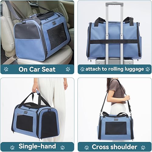 Vista 38 de PETSFIT Transportador de mascotas, transportador de perros aprobado por aerolíneas, plegable de lados suaves, aprobado por la TSA para gatos Azul