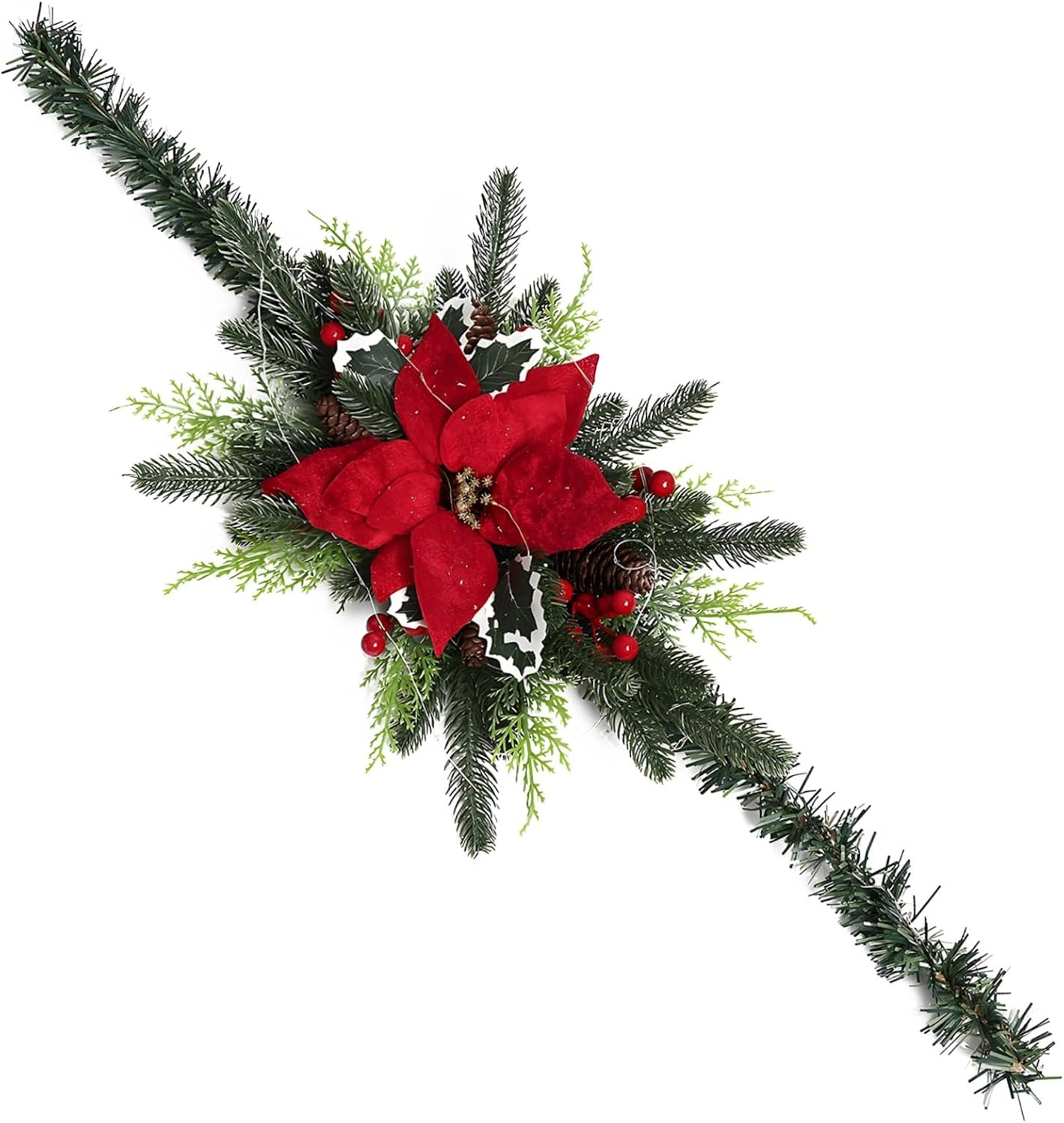 31.5 X 13.8 Inch Pre-Lit Led Christmas Mailbox Swag, Artificial Pine Garland with Red Poinsettias & Frosted Berries, 20 Led Lights for Outdoor Holiday Decor