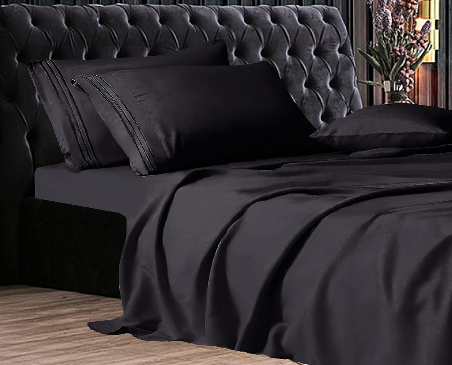 Elegant Comfort Luxe Quality Microfiber 3-Line Sheet Set Breathable, Buttery-Smooth Weave, 1500 Premium Hotel Quality, 4-Piece Sheet Set, Deep Pocket, Twin, Black