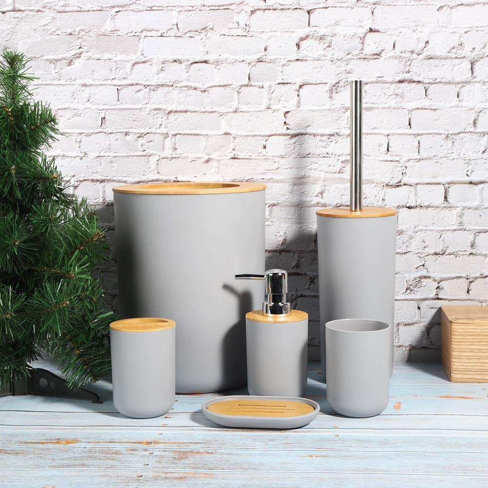 Set di 6 Accessori da Bagno, Dispenser di Sapone, Portasapone, Portaspazzolino, Tazza di Risciacquo, Porta Scopino per WC, Pattumiera, Set da Bagno Completo da 6 Pezzi, in PP e bambù (Grigio)