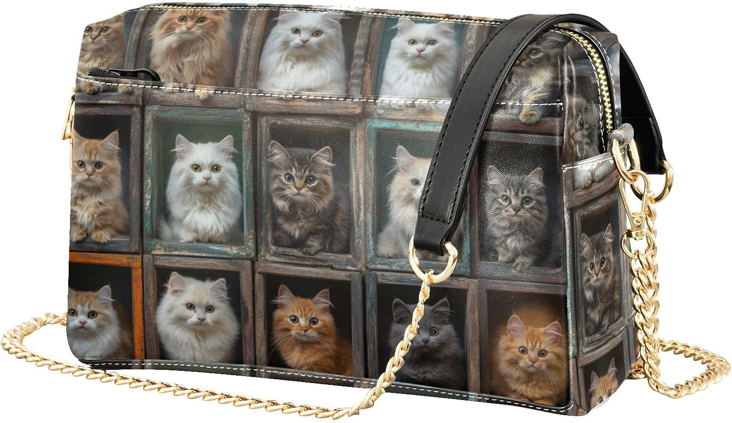 Women Crossbody Bag Shoulder Handbag Cellphone Purse Group Of Cats Print, PU Leather Metal Chain Strap Water Resistant Zipper Closure