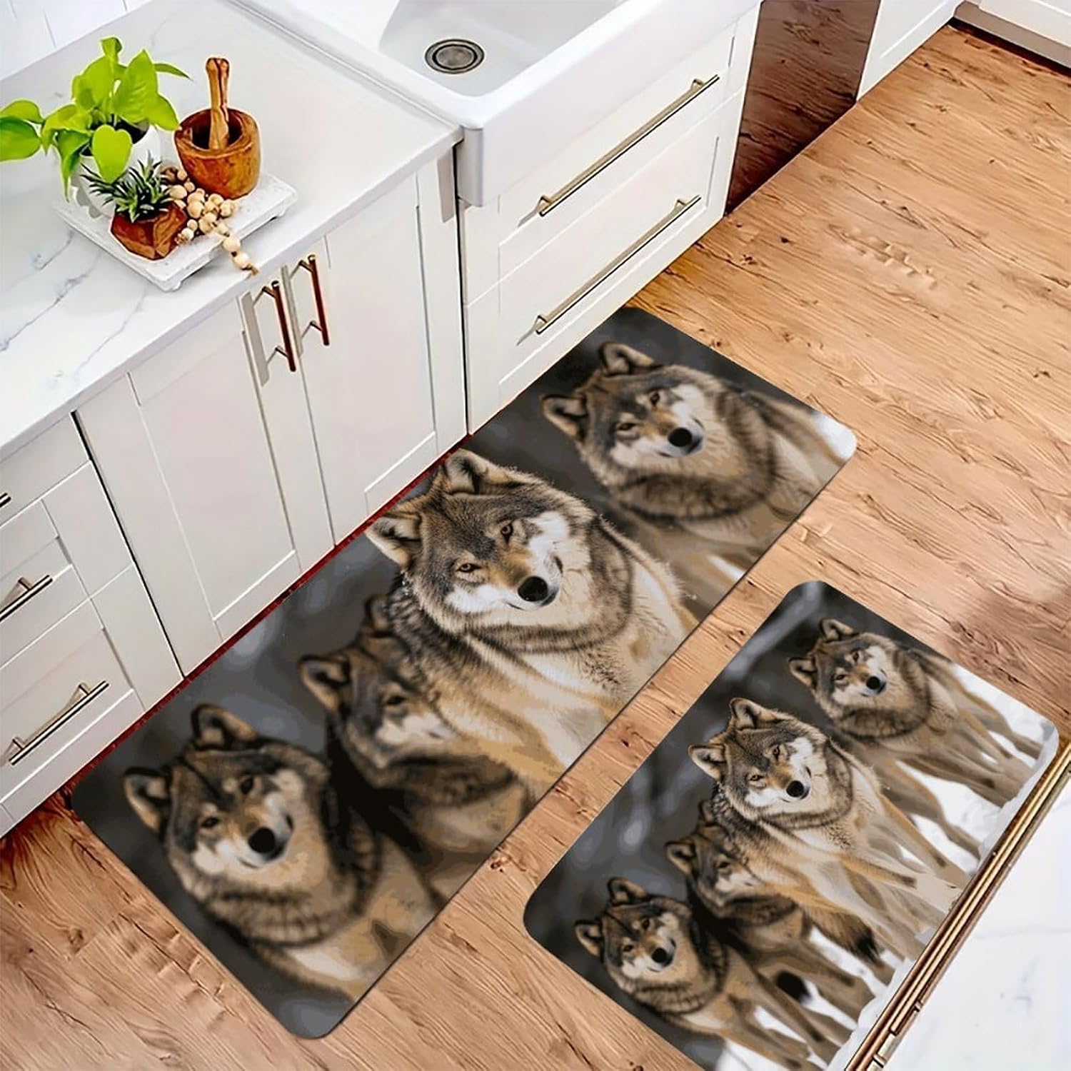 Pack of Wolves Kitchen Rug Set of 2 (16"x24"+17"x47") - Non-Slip Washable Kitchen Mats for Floor, Absorbent Flannel Floor Mat Comfort Standing Mat for Sink, Laundry, Office
