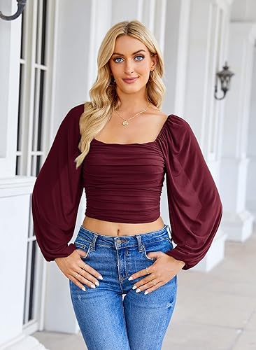 Miniatura 2 de Wenrine Womens Mesh Long Sleeve Crop Tops Night Going Out Square Neck Off The Shoulder Ruched Shirt Blouses Dressy Casual