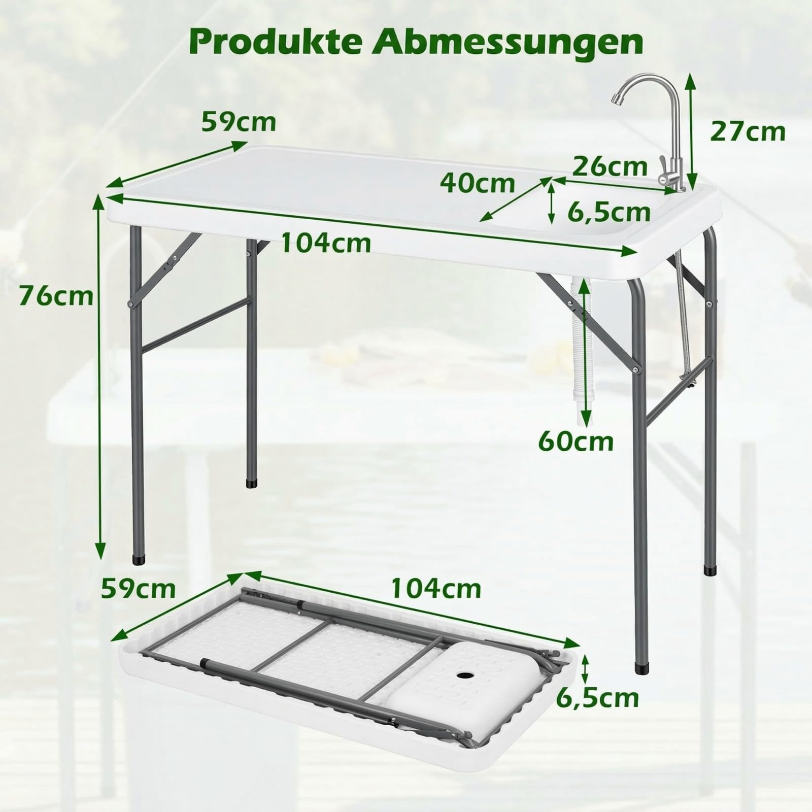 COSTWAY Fischreinigungstisch klappbar, Filetiertisch mit Spüle, Wasserhahn & Messskala, Campingtisch für Garten, Terrasse & zum Angeln, 104 x 59 x 76 cm, Weiß