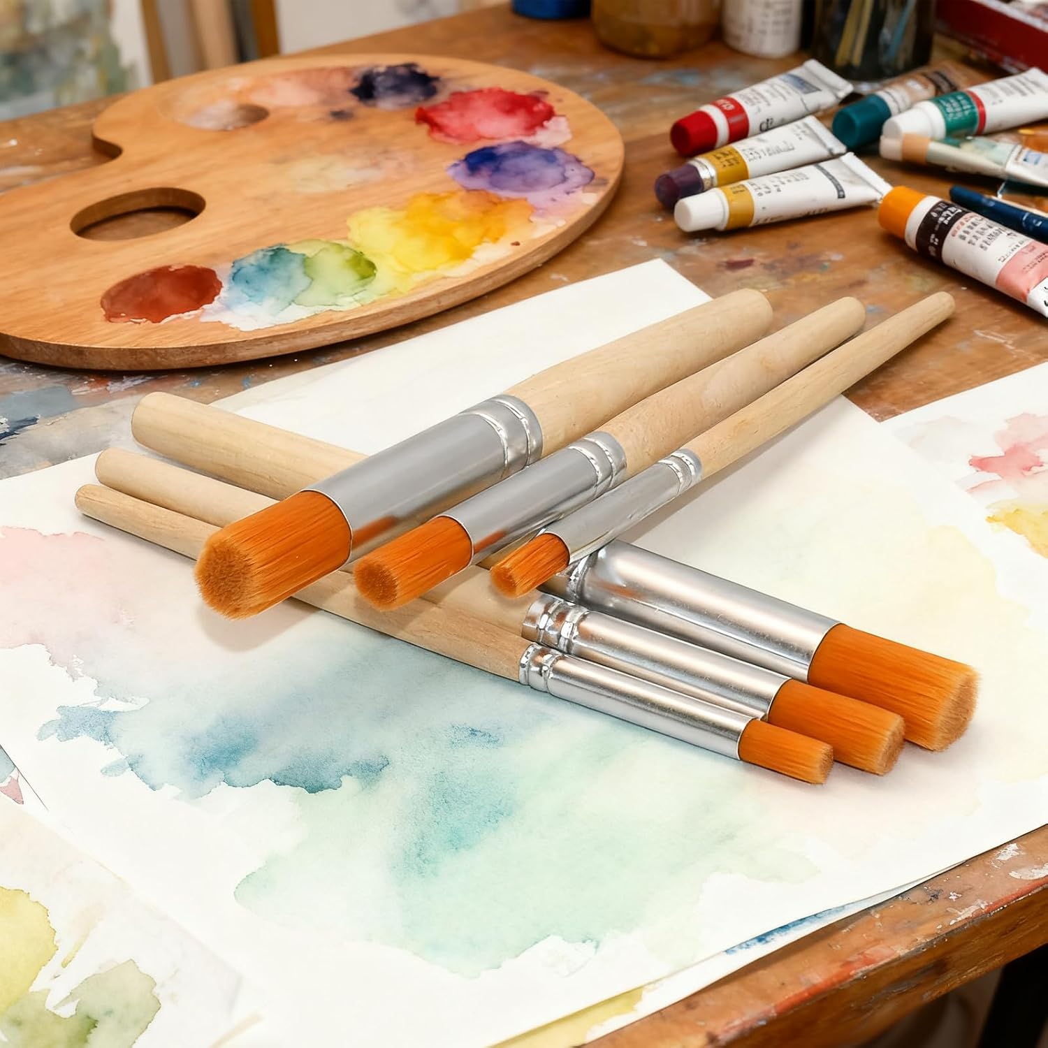 6Pcs Stencil Brushes for Acrylic Paint, Natural Bristle Template Paint Brushes for Stencil Painting Acrylic Oil Water DIY Art Crafts, 3 Sizes