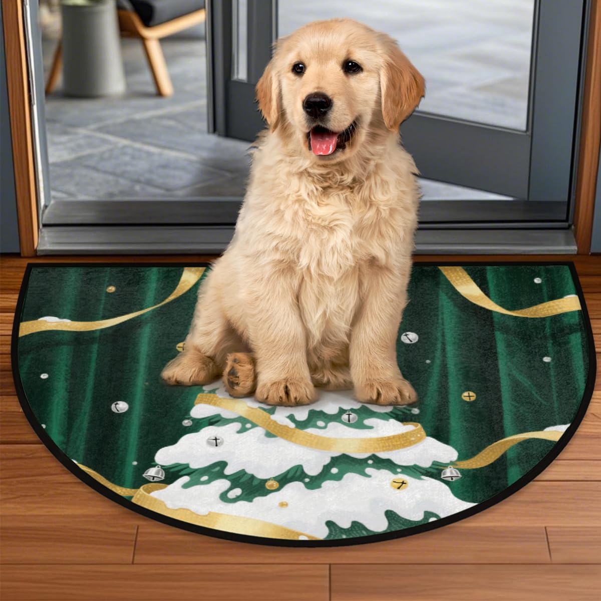 Half Round Door Mat - Indoor Outdoor Christmas Tree Half Circle Rug for Entryway, Bathroom, Kitchen, Living Room - Washable Non-Slip Half Moon Mat with Boho Floral Vintage - Small Floor Mat