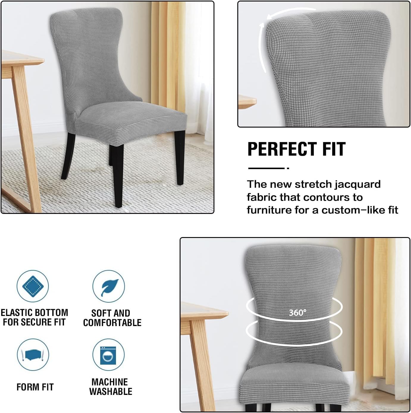 Stretch Removable Reusable Jacquard Wingback Side Chair Slipcover Soft Spandex Fabric Furniture Protector for Kitchen and Dining Room Banquet Home Party Decor 4 PCS