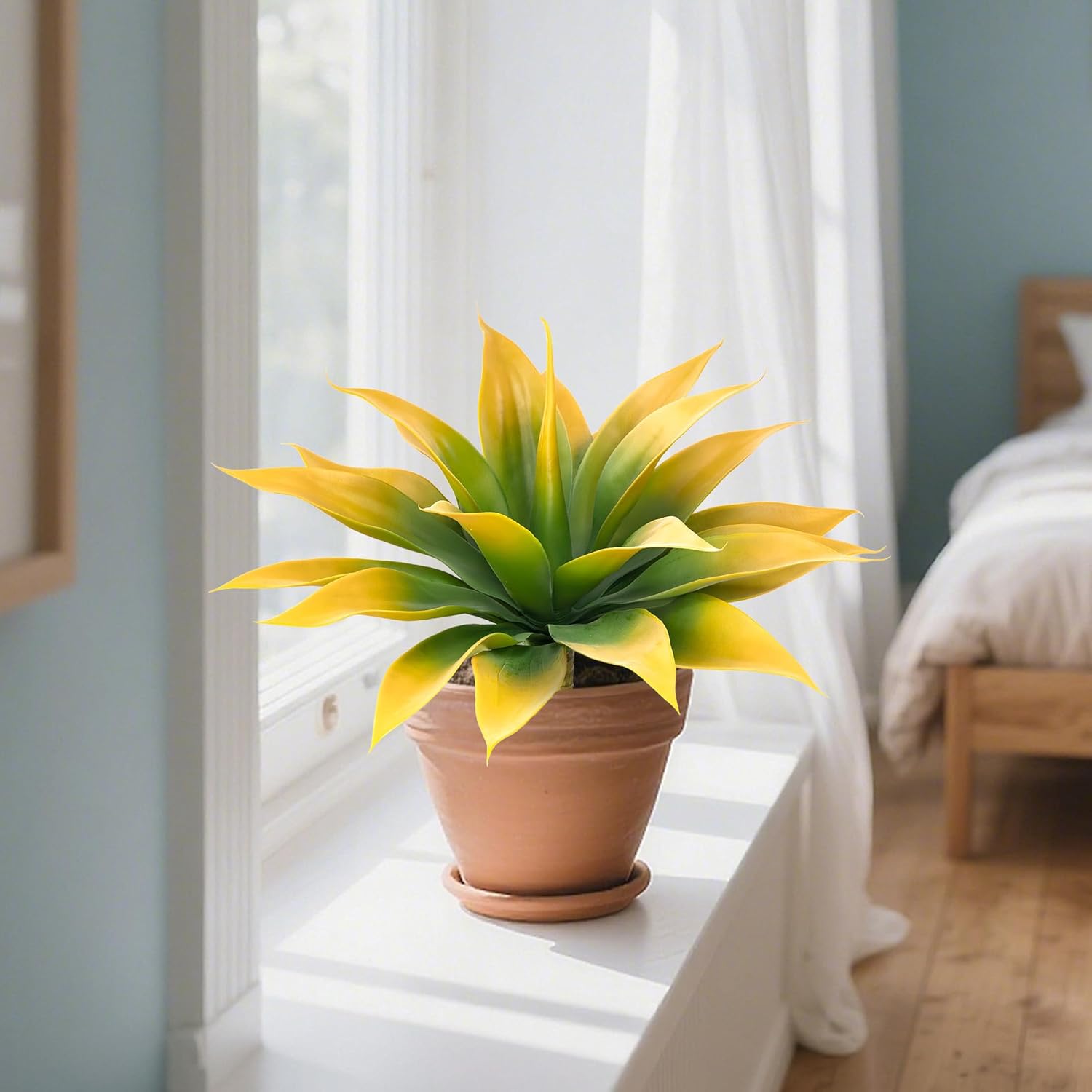 Artificial Agave Faux Agave Fake Greenery Outdoor Artificial Plants Fake Plants for Indoor Home Decoration Plastic Plants Outdoor Decor Front Porch Decor Simulation Plants 18In(Yellow) 2Pack - Image 3