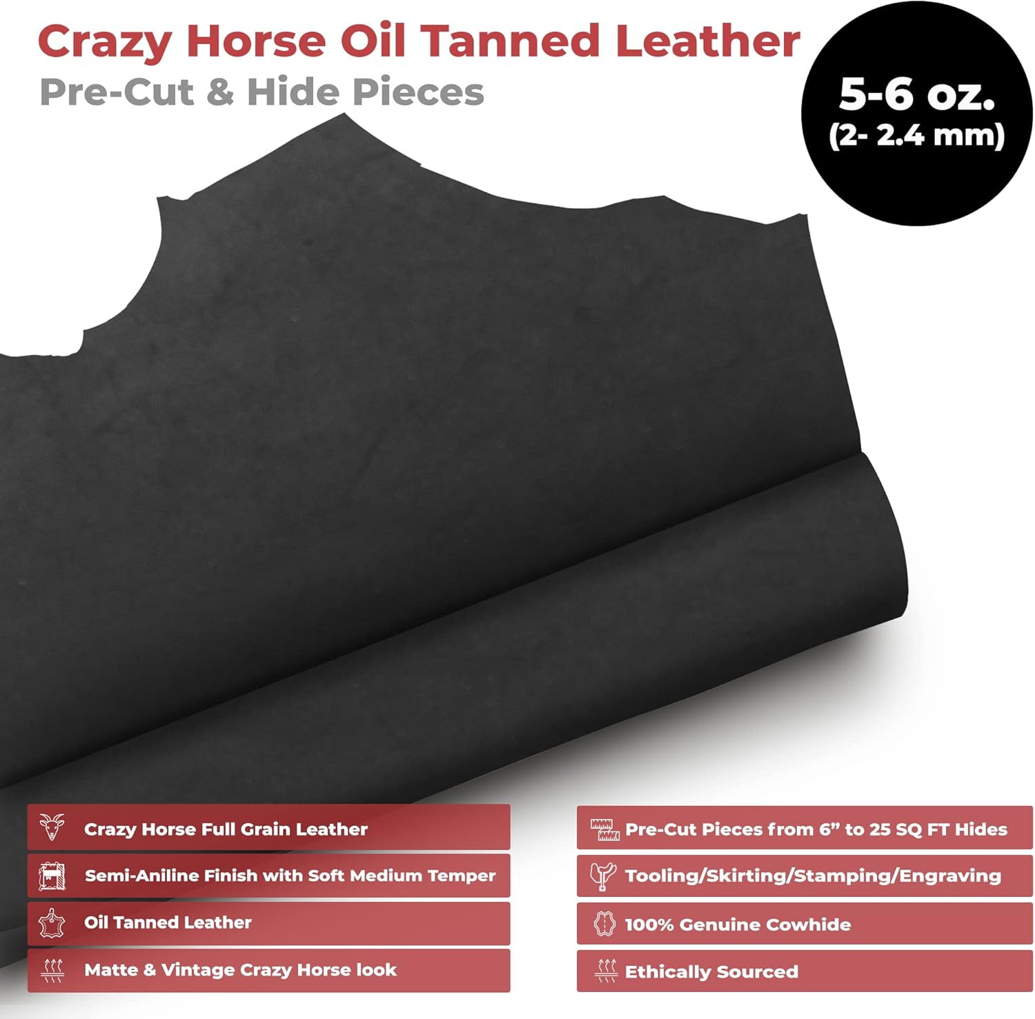 ELW Crazy Horse Leather 5-6 OZ (2-2.4mm) | Black | Pre-Cut 10"x12" | Full Grain Cowhide Handmade Leather for DIY, Crafts, Sheaths, Sewing, Workshop