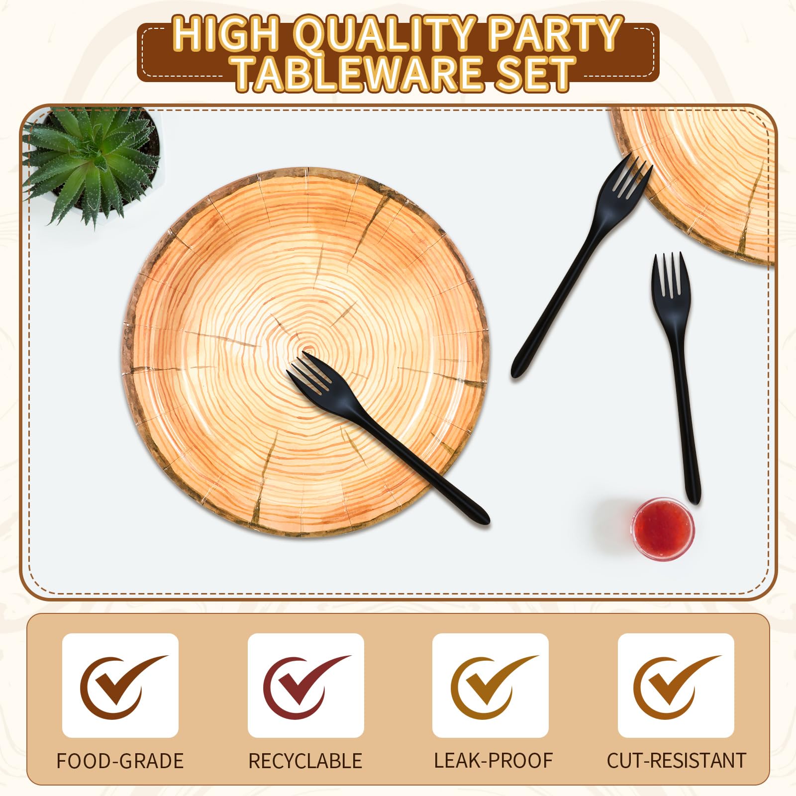 Tioncy 50 Stück Holzmaserung Pappteller 17,8 cm 22,9 cm rustikale Holzscheibenteller Bauernhaus rund Einweg-Speiseteller für Woodland Baby Shower Holzfäller Geburtstag Party Supplies