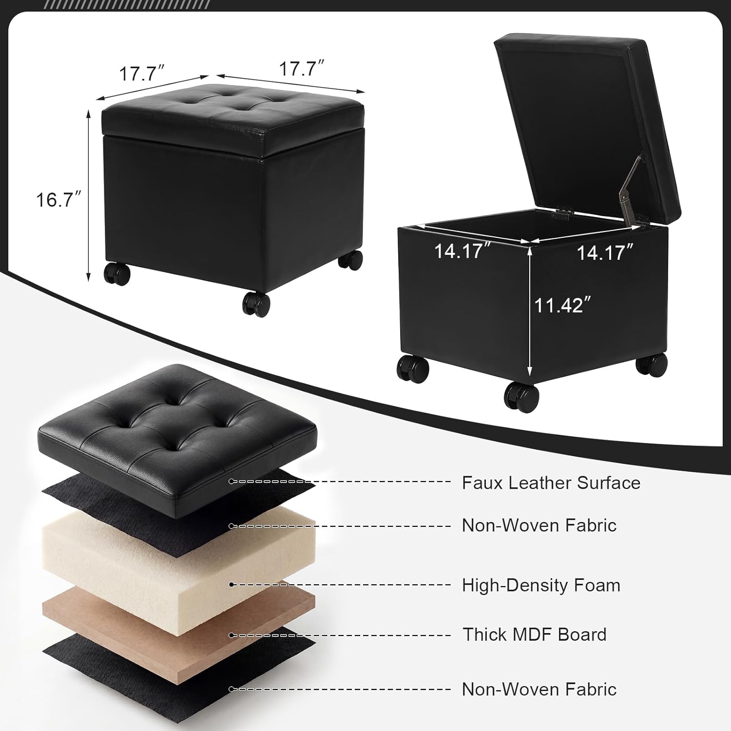 Homebeez Leather Storage Ottoman with Steerable Rolling Wheels, 17.9" Square Small Foot Rest Stool Tufted Cube Footstool with Hinged Lid, Load 300 lb, for Living Room, Bedroom, Entryway, Black